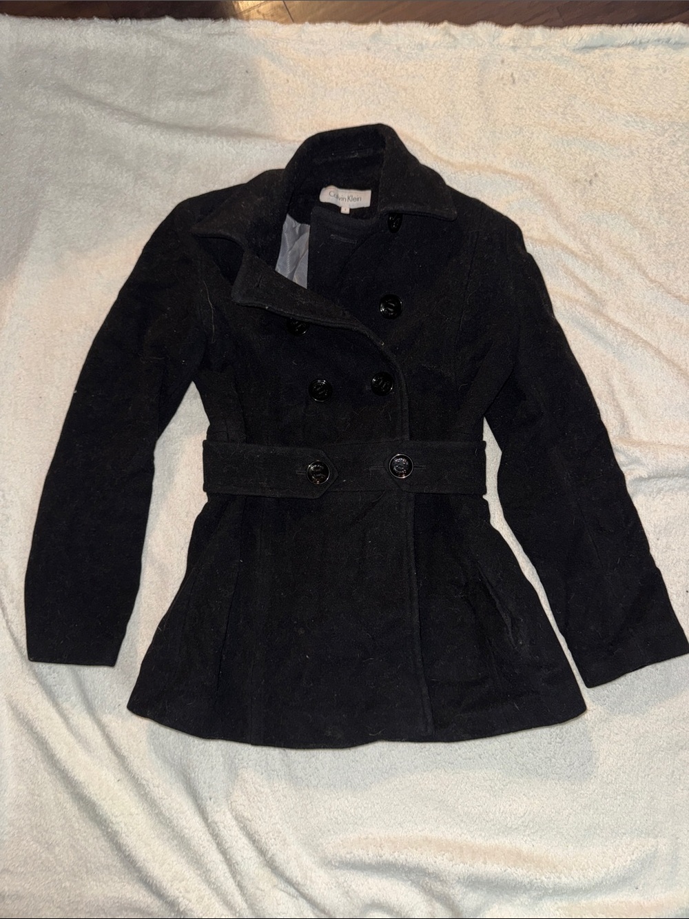 Calvin Klein Black Double-Breasted Wool Peacoat with Waist Tabs